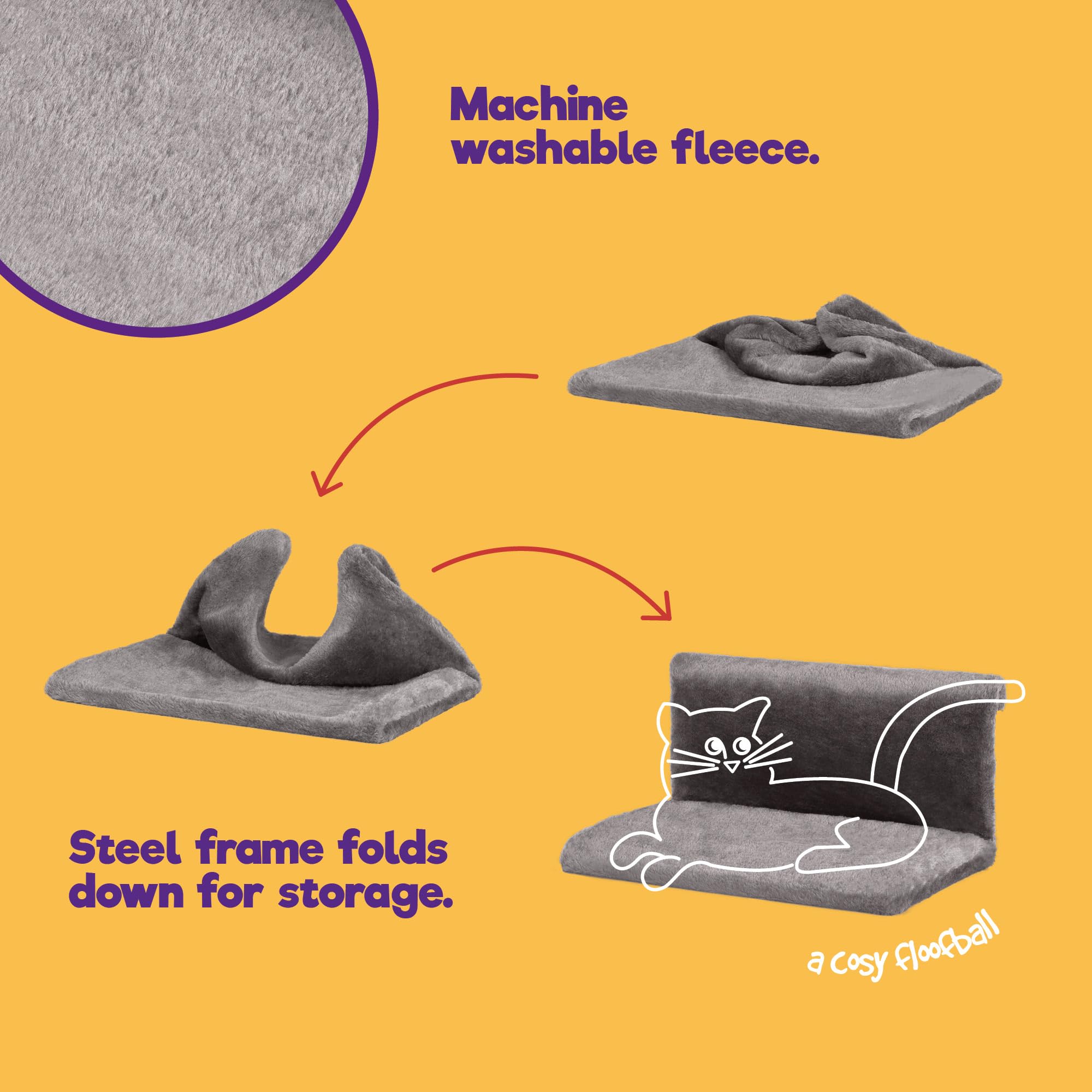 Cospaws Washable Radiator Cat Bed – Warm Grey Fleece Hammock (46x30x25cm)