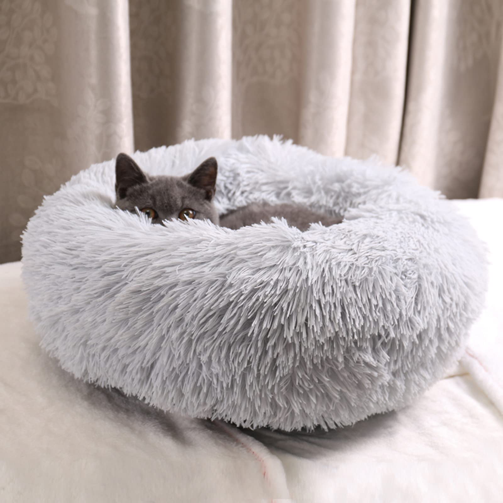Cospaws Calming Donut Pet Bed – Soft Fluffy Washable Cushion with Anti-Slip Base (50cm)