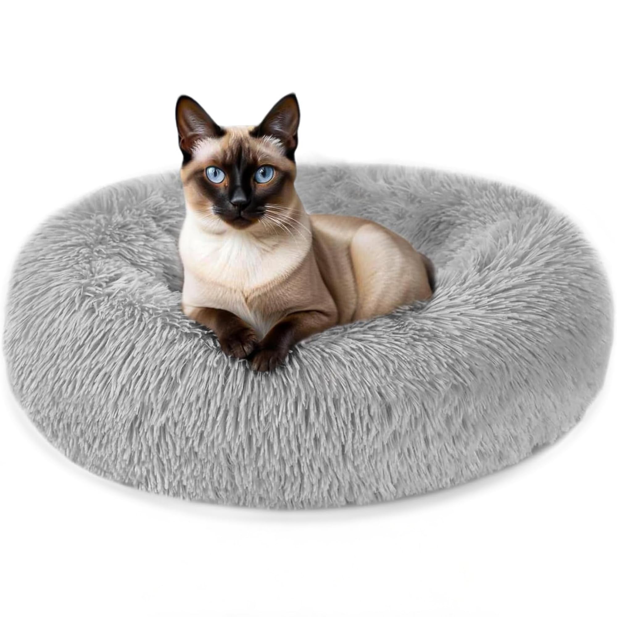Cospaws Calming Donut Pet Bed – Washable Grey Plush Cushion with Anti-Slip Base (50cm)