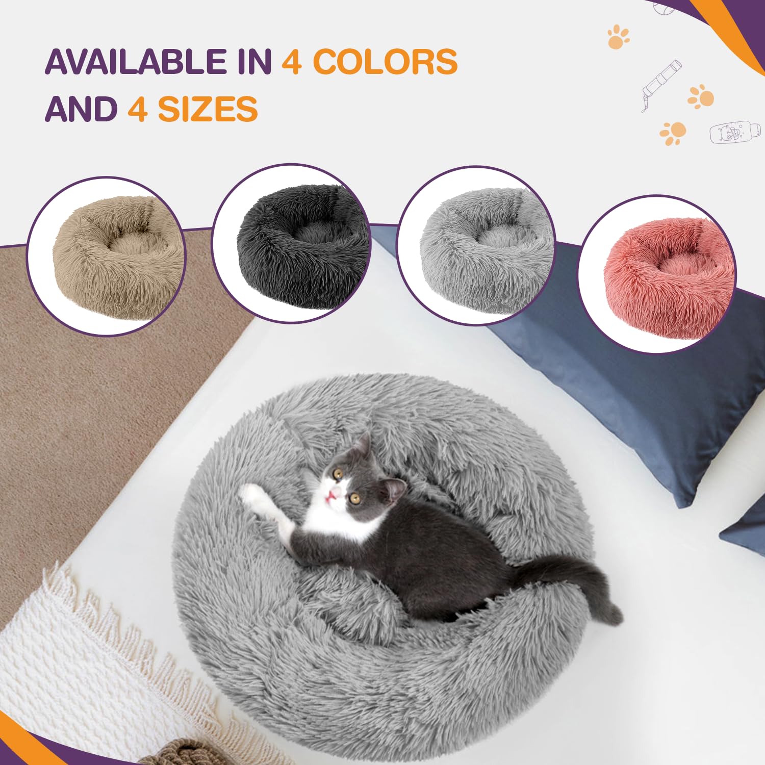 Cospaws Calming Donut Pet Bed – Washable Grey Plush Cushion with Anti-Slip Base (50cm)