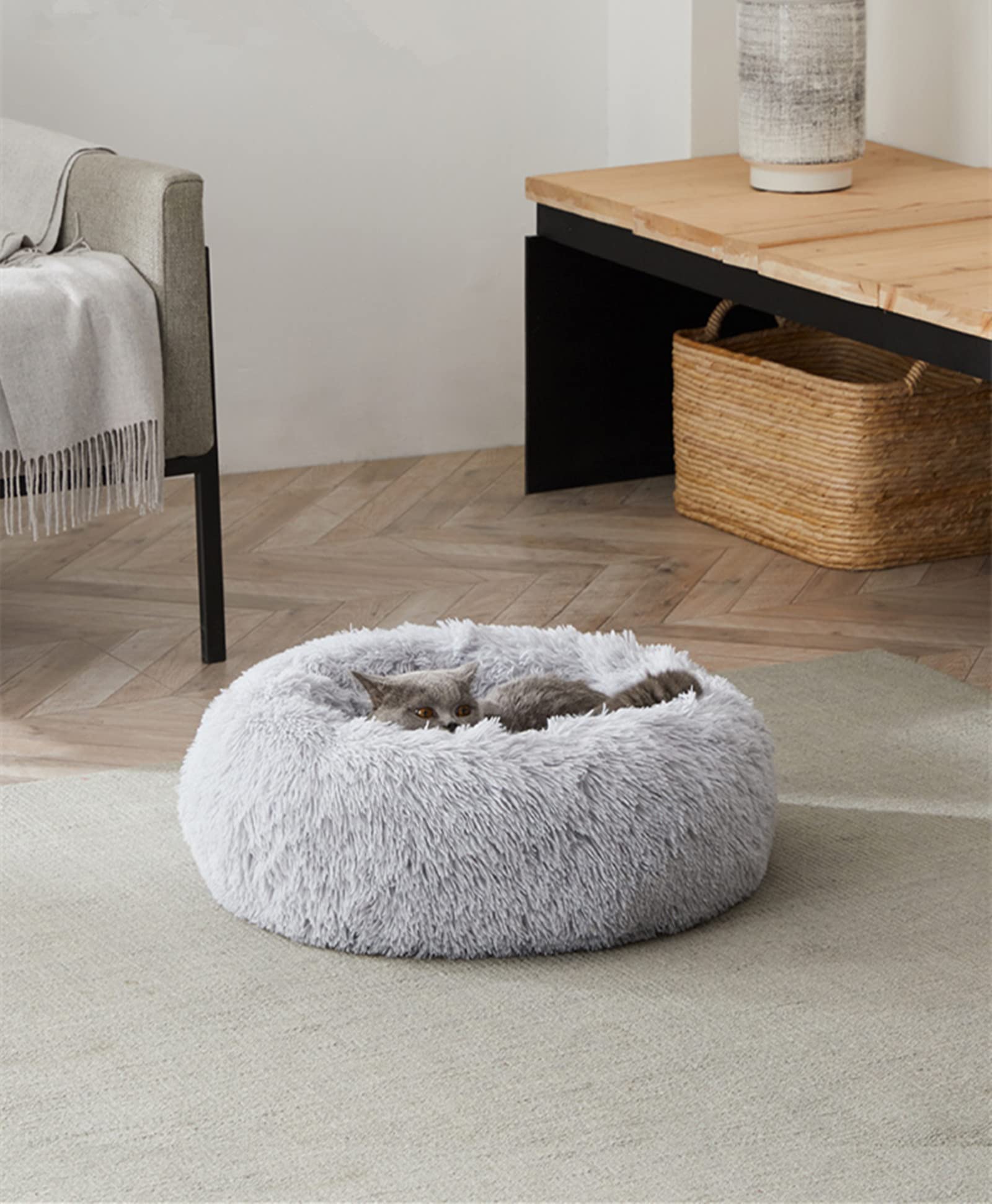 Cospaws Calming Donut Pet Bed – Soft Fluffy Washable Cushion with Anti-Slip Base (50cm)