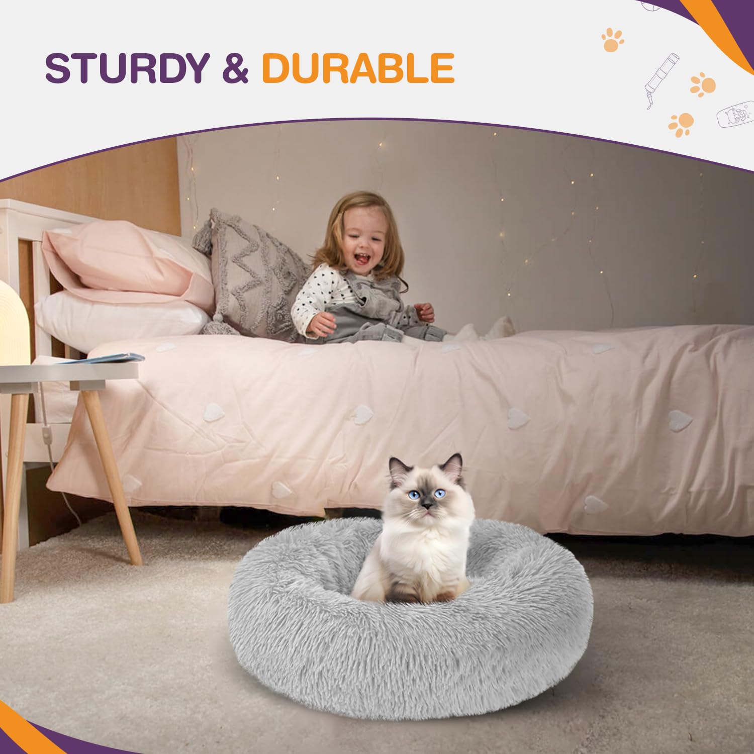 Cospaws Calming Donut Pet Bed – Washable Grey Plush Cushion with Anti-Slip Base (50cm)