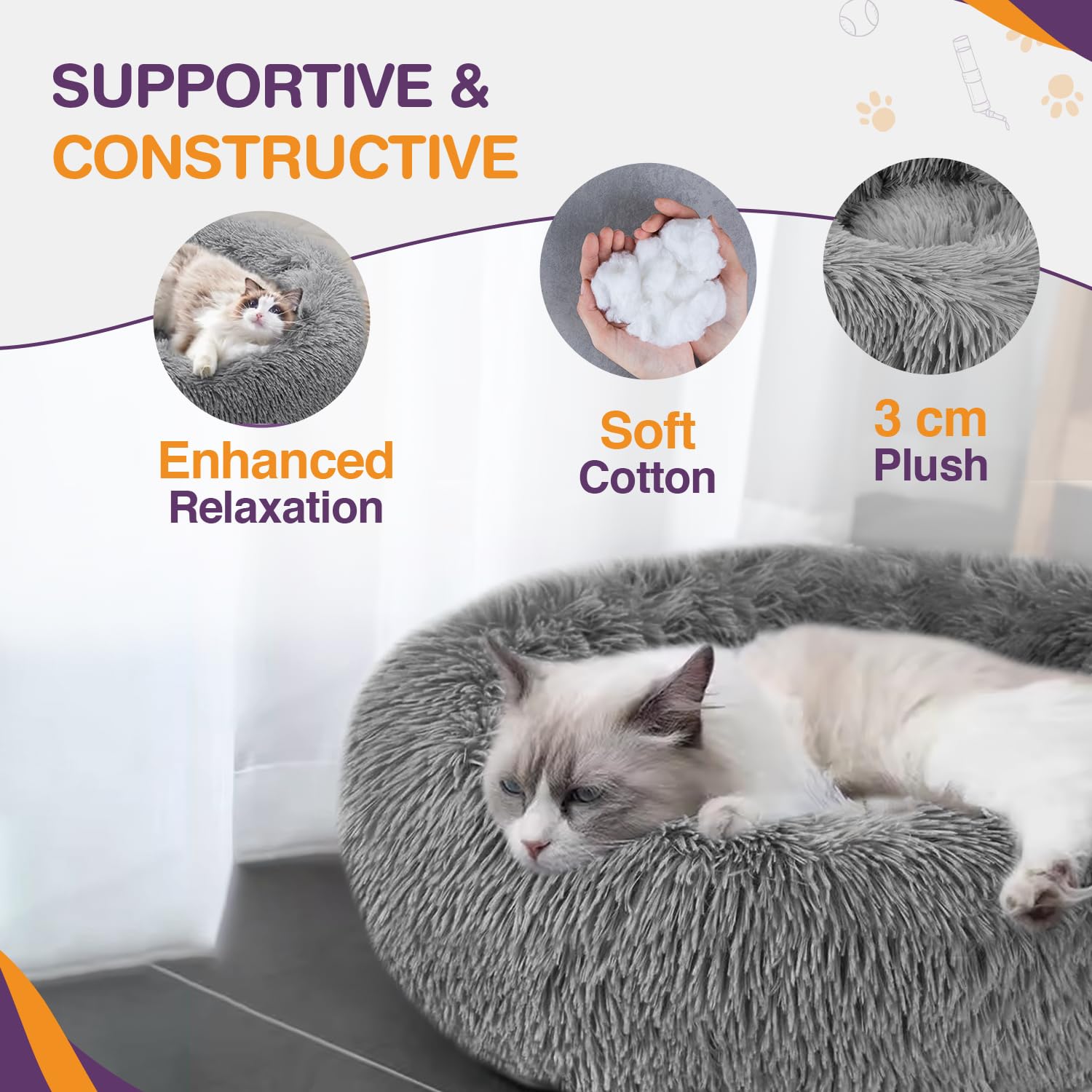Cospaws Calming Donut Pet Bed – Washable Grey Plush Cushion with Anti-Slip Base (50cm)