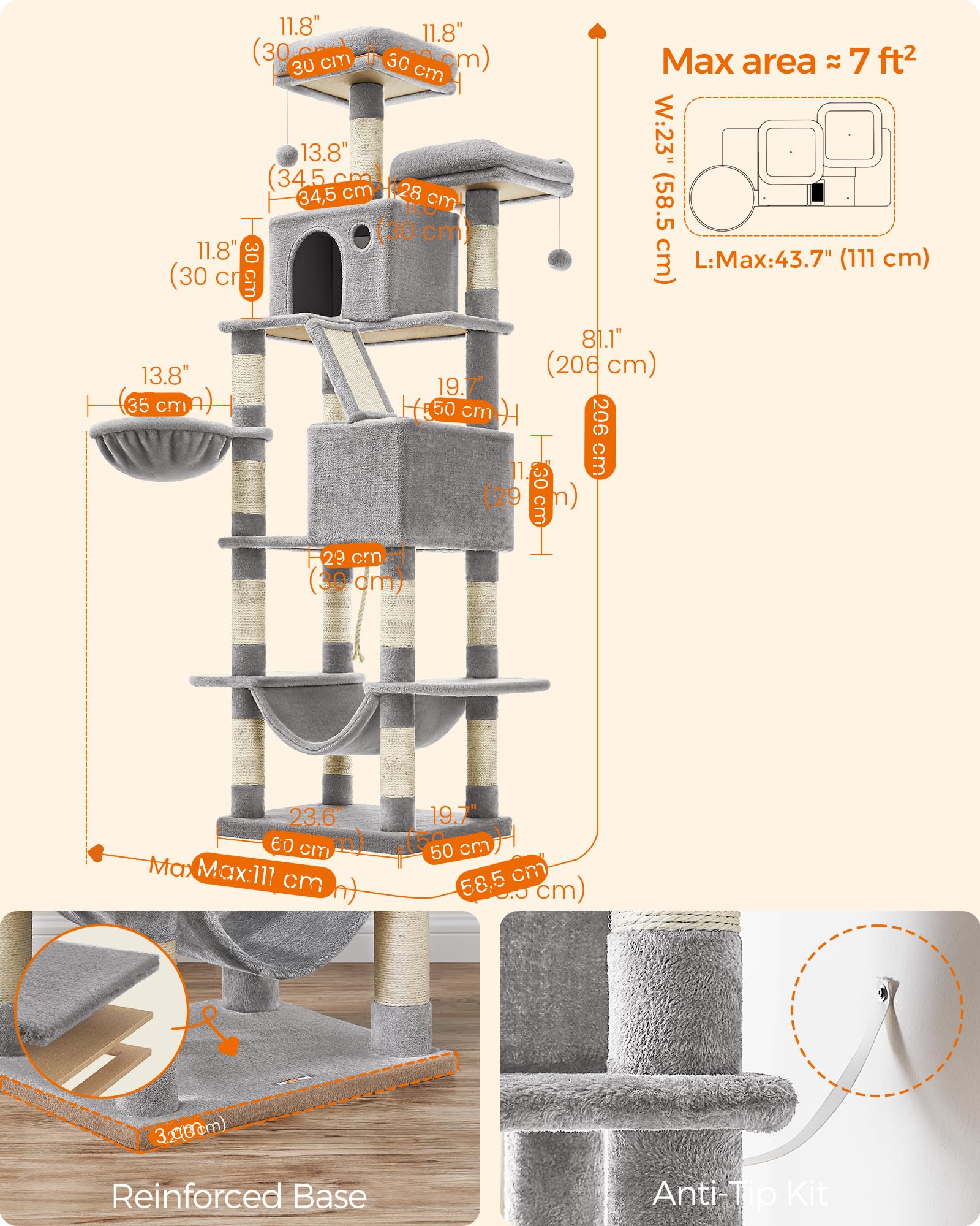 Cospaws 206cm Large Cat Tree – Multi-Level Tower Condo with 14 Scratching Zones