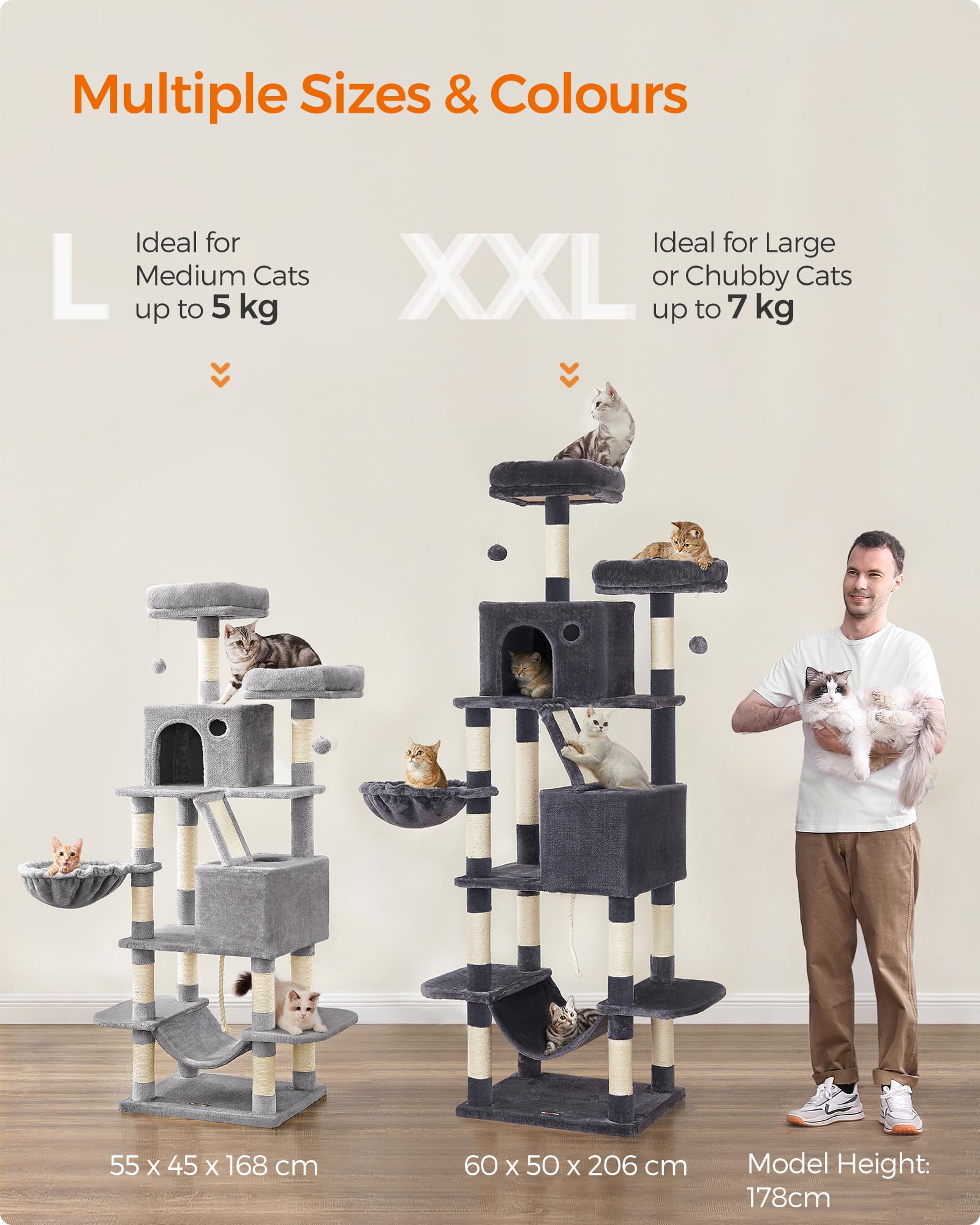 Cospaws 206cm Large Cat Tree – Multi-Level Tower Condo with 14 Scratching Zones