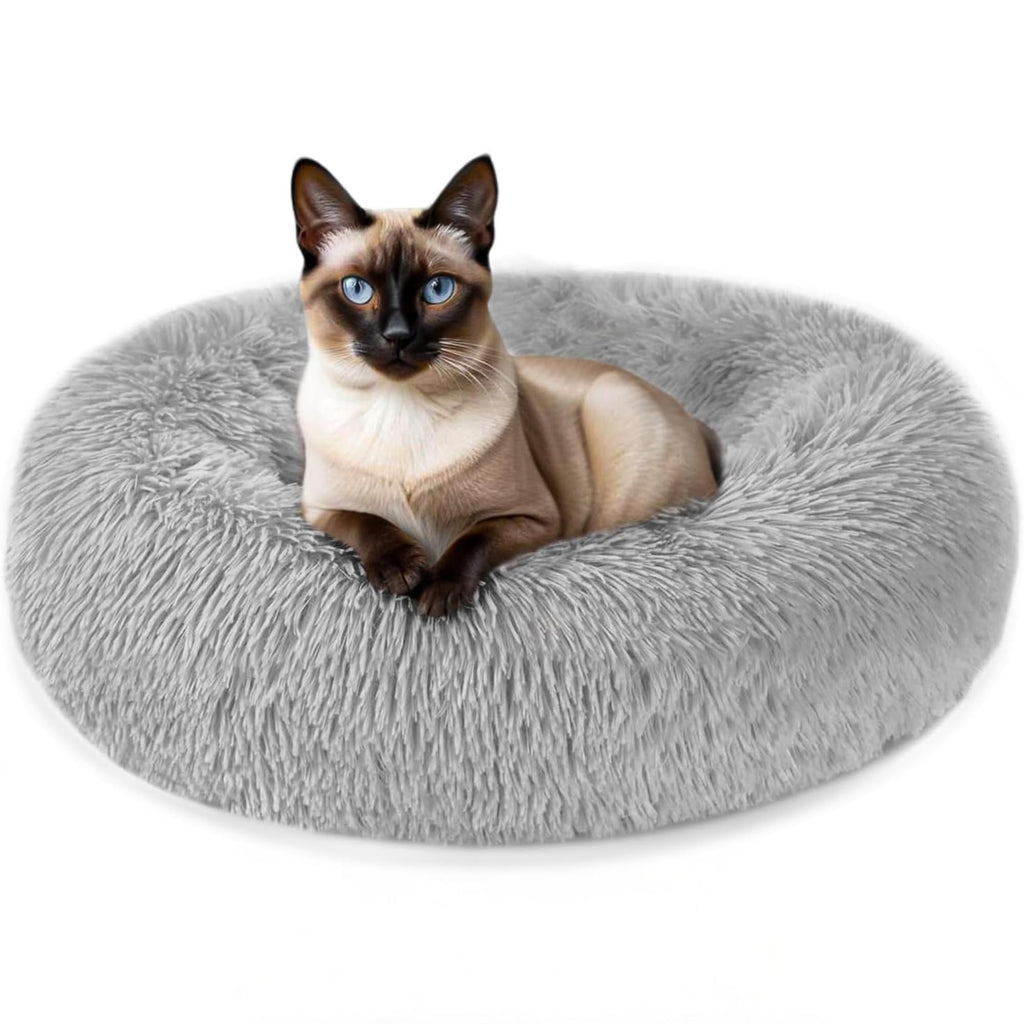 Cospaws Calming Donut Pet Bed – Washable Grey Plush Cushion with Anti-Slip Base (50cm)