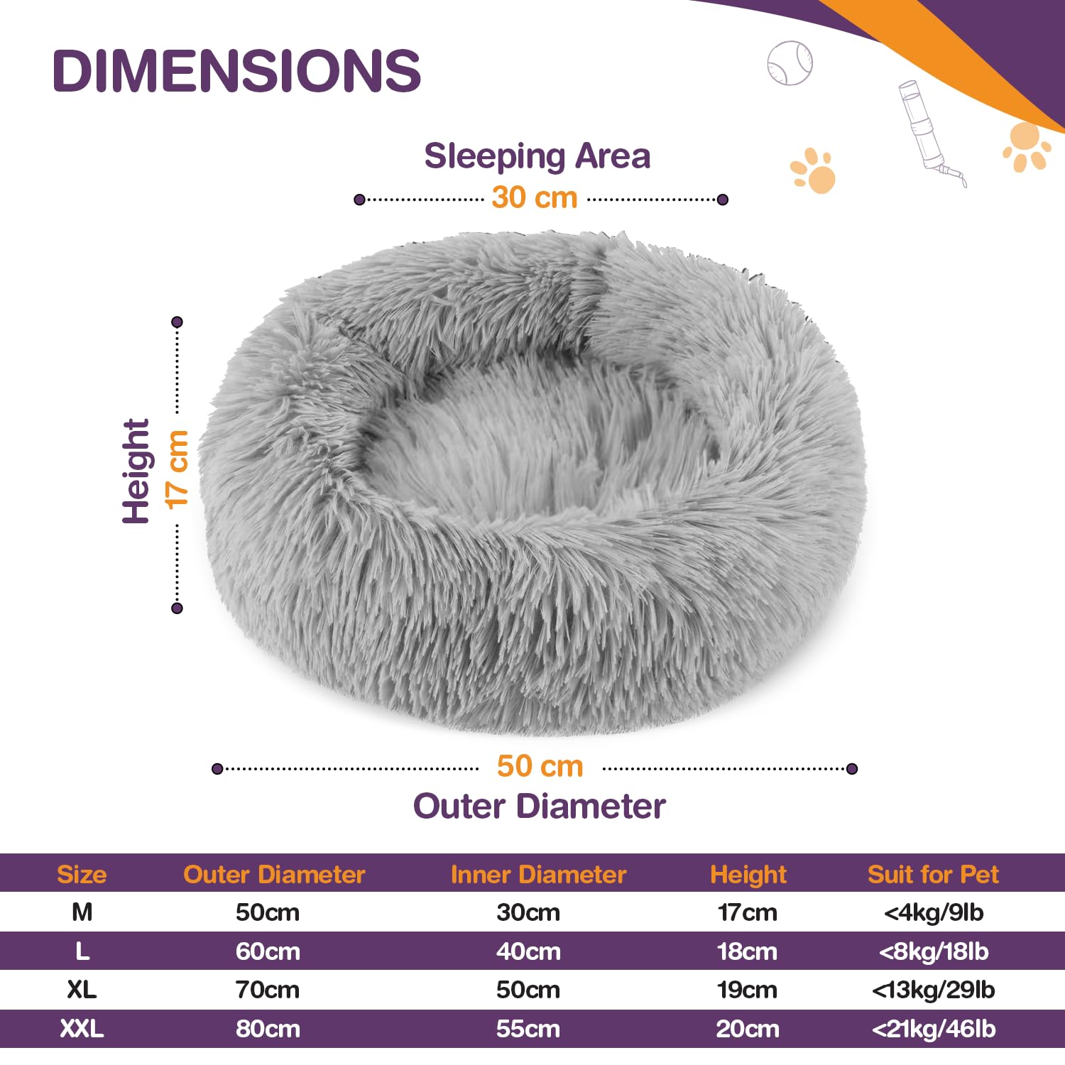 Cospaws Calming Donut Pet Bed – Washable Grey Plush Cushion with Anti-Slip Base (50cm)