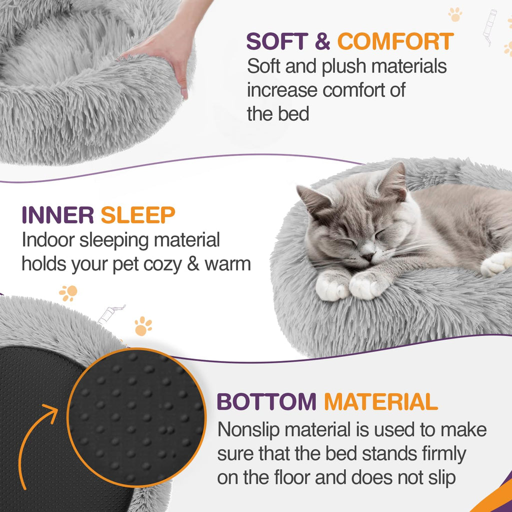 Cospaws Calming Donut Pet Bed – Washable Grey Plush Cushion with Anti-Slip Base (50cm)