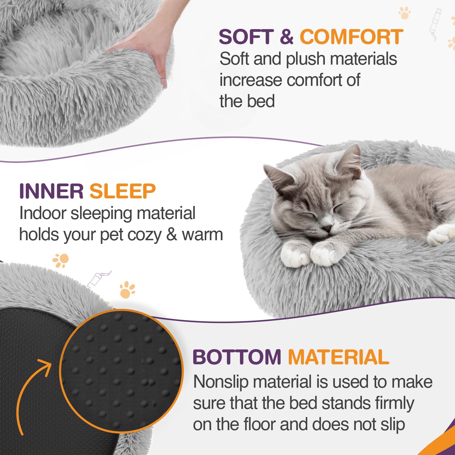 Cospaws Calming Donut Pet Bed – Washable Grey Plush Cushion with Anti-Slip Base (50cm)