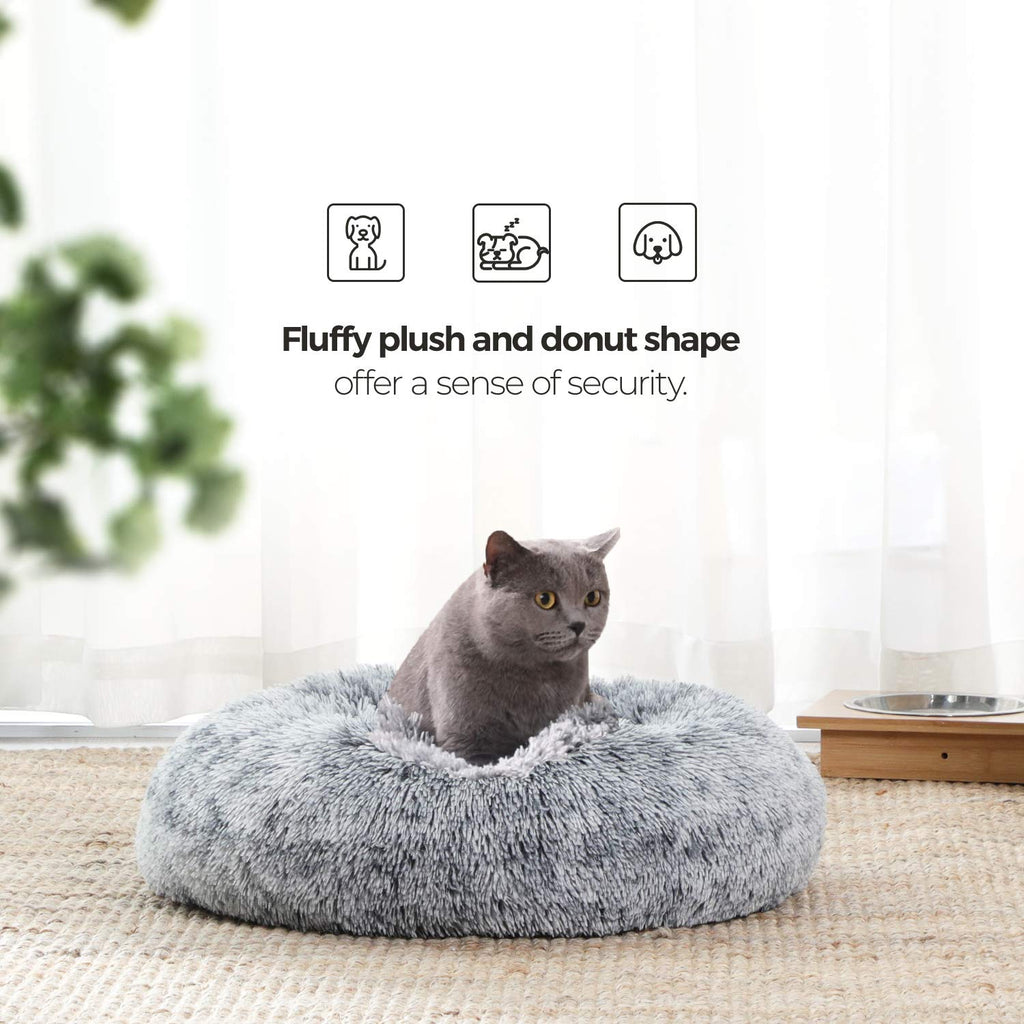 Cospaws Fluffy Calming Doughnut Bed – Washable Light Grey Plush Cushion (50cm)