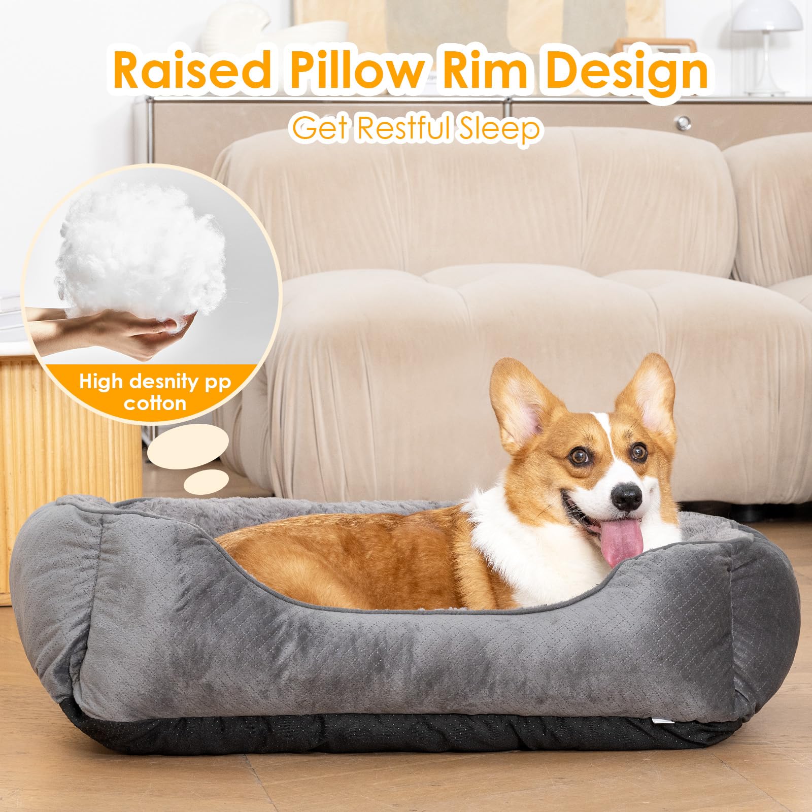 Cospaws Washable Pet Bed – Super Soft Grey Anti-Anxiety Cushion with Anti-Slip Base
