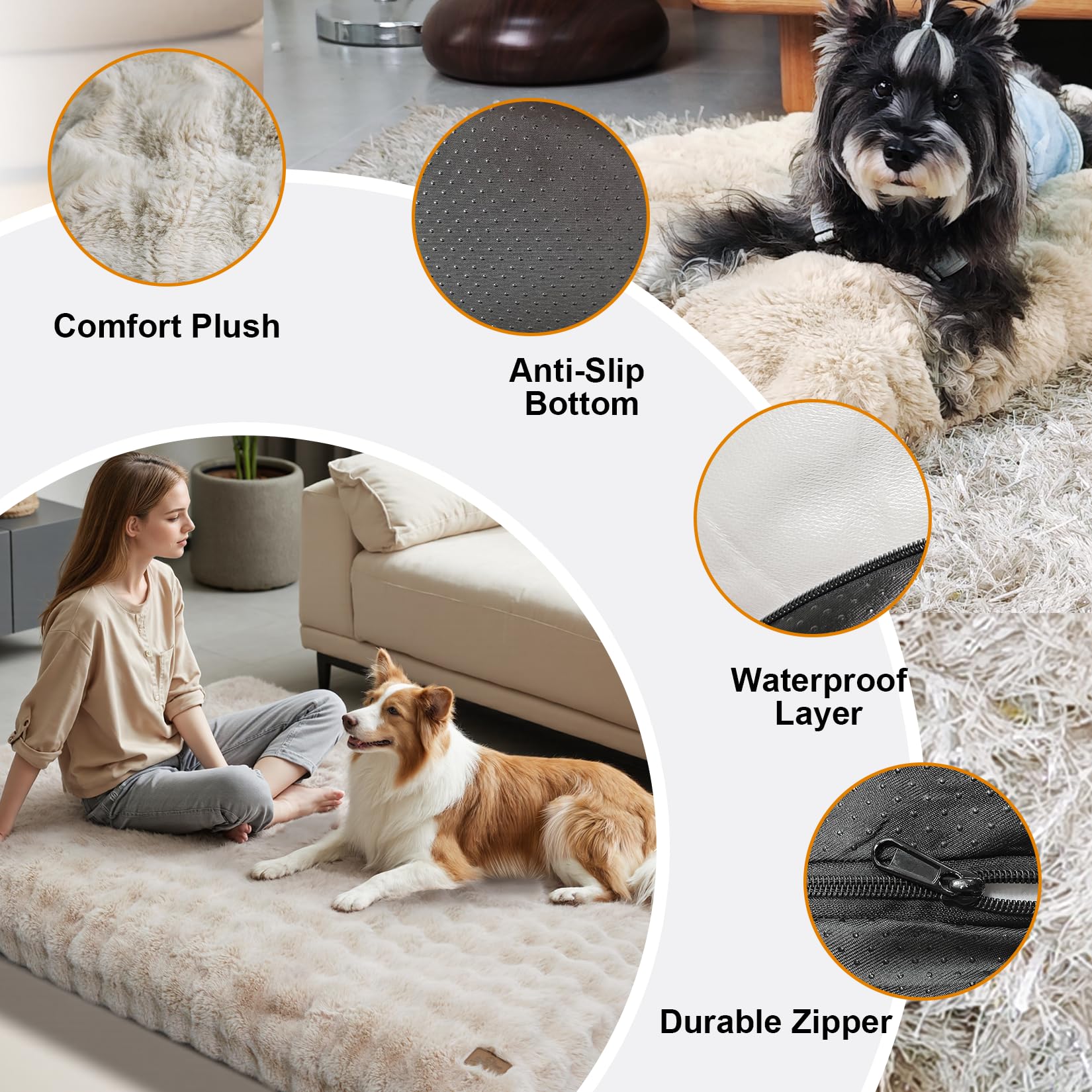 Cospaws Washable Pet Crate Mat – Fluffy Beige Cushion with Water-Resistant Cover