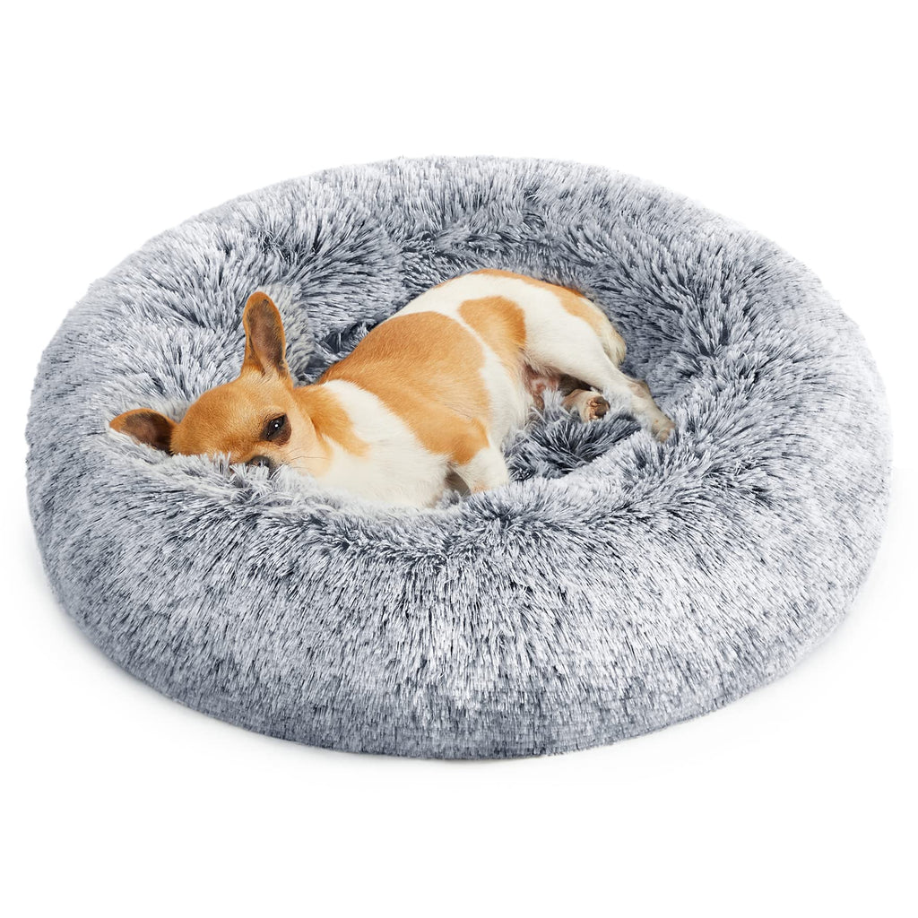 Cospaws Fluffy Calming Doughnut Bed – Washable Light Grey Plush Cushion (50cm)