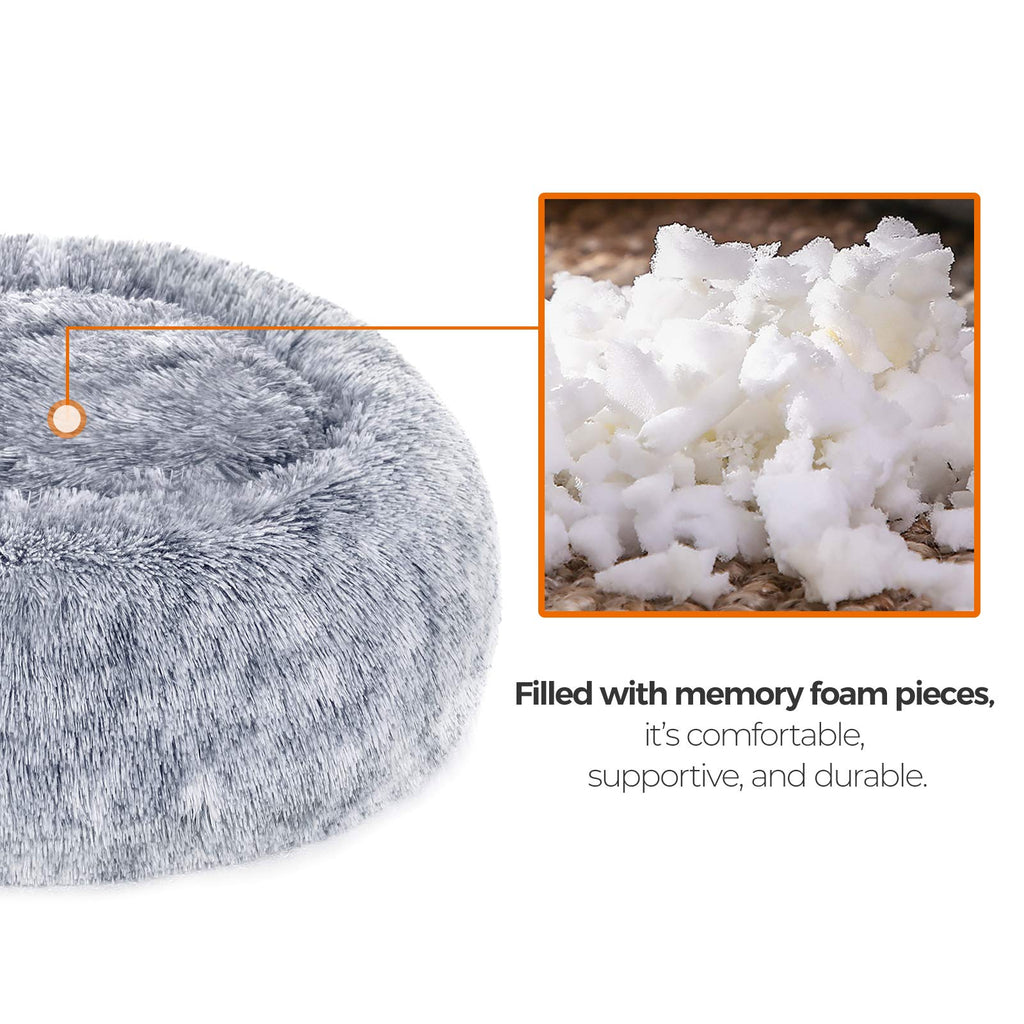 Cospaws Fluffy Calming Doughnut Bed – Washable Light Grey Plush Cushion (50cm)