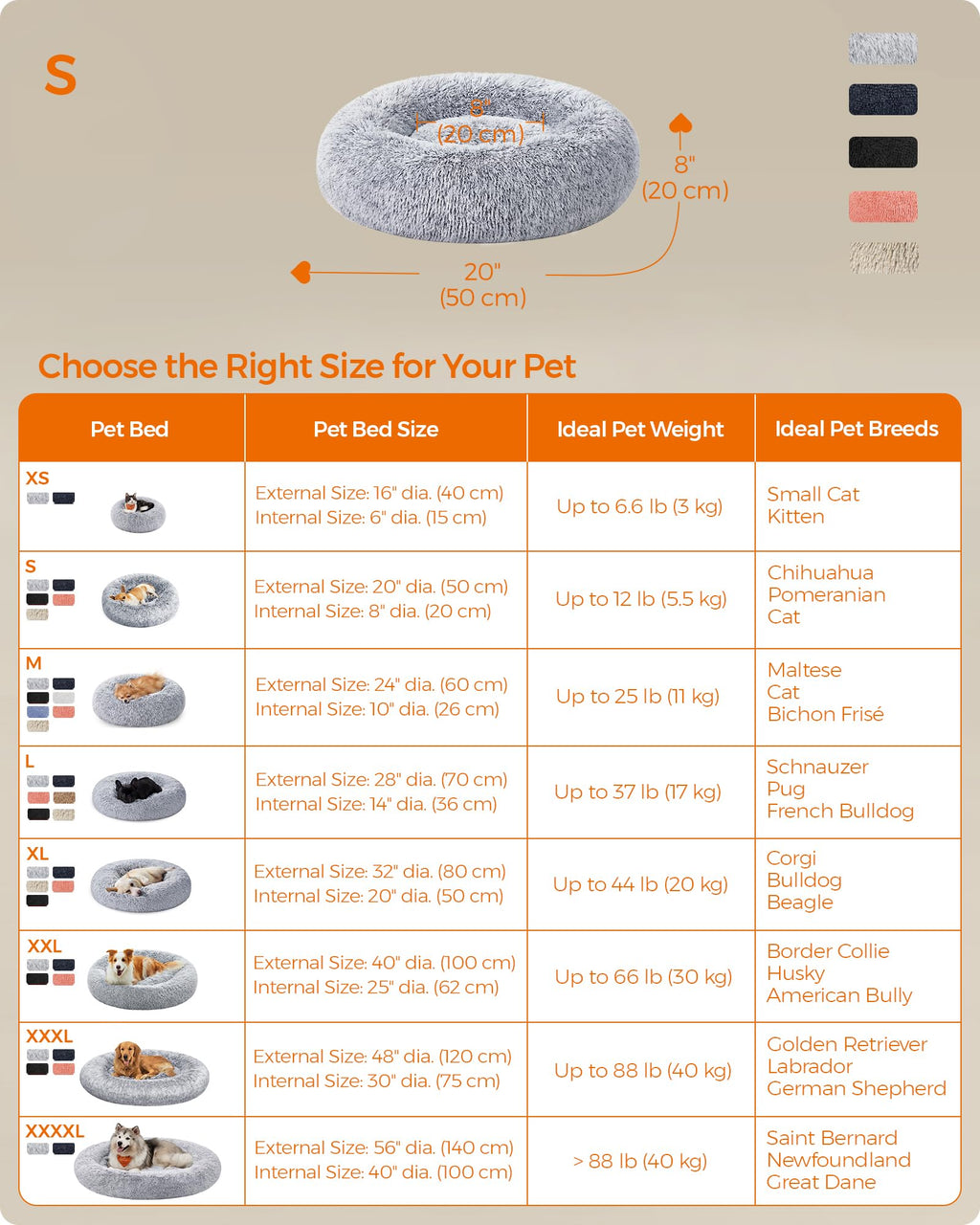 Cospaws Fluffy Calming Doughnut Bed – Washable Light Grey Plush Cushion (50cm)