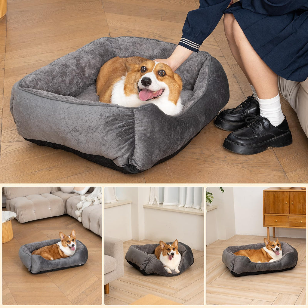 Cospaws Washable Pet Bed – Super Soft Grey Anti-Anxiety Cushion with Anti-Slip Base