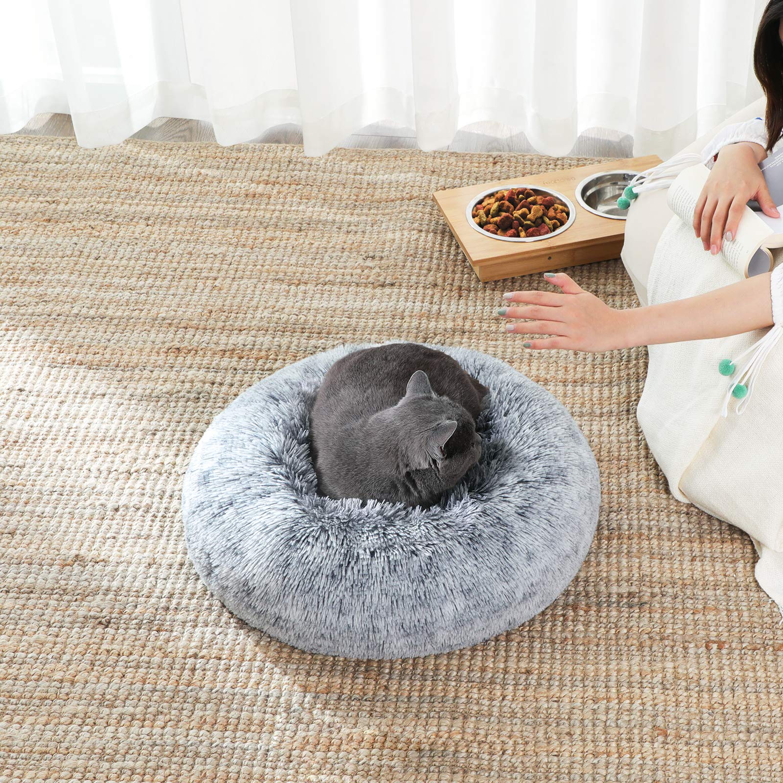 Cospaws Fluffy Calming Doughnut Bed – Washable Light Grey Plush Cushion (50cm)